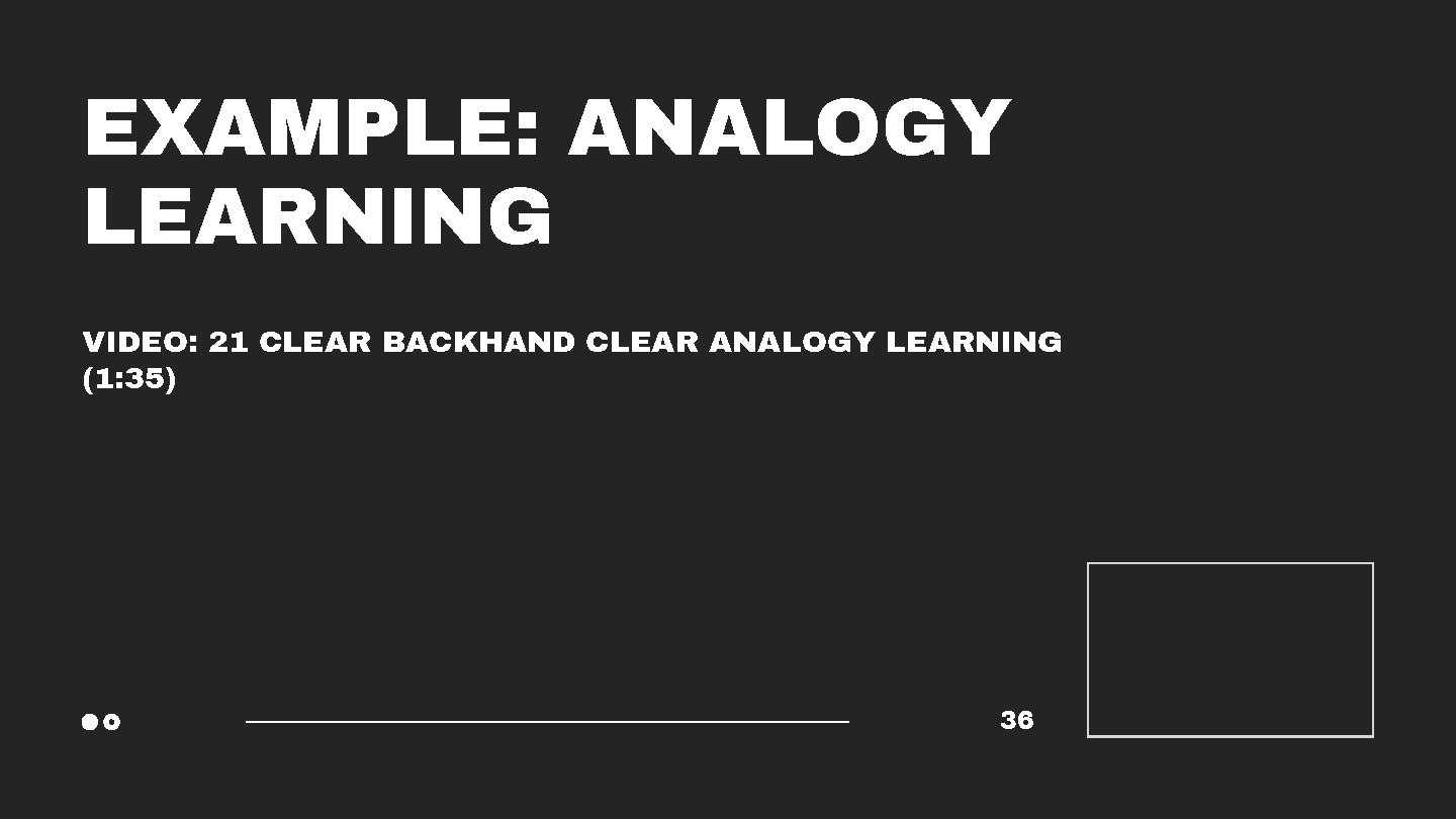 EXAMPLE: ANALOGY LEARNING VIDEO: 21 CLEAR BACKHAND CLEAR ANALOGY LEARNING (1: 35) 36 