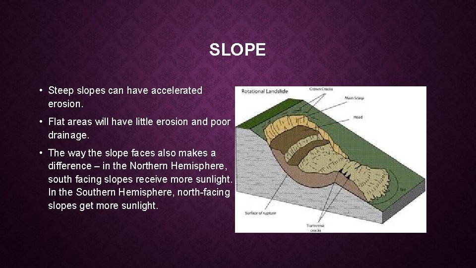 SLOPE • Steep slopes can have accelerated erosion. • Flat areas will have little