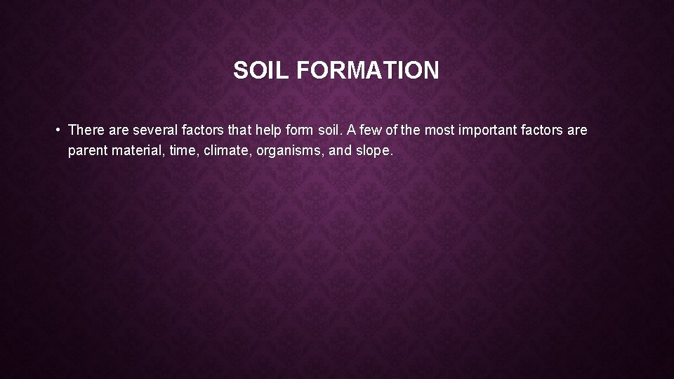 SOIL FORMATION • There are several factors that help form soil. A few of SOIL FORMATION • There are several factors that help form soil. A few of