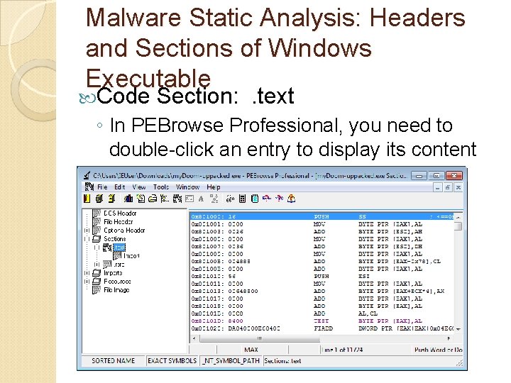 Malware Static Analysis: Headers and Sections of Windows Executable Code Section: . text ◦