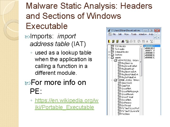 Malware Static Analysis: Headers and Sections of Windows Executable Imports: import address table (IAT)