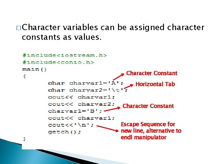 � Character variables can be assigned character constants as values. Character Constant Horizontal Tab
