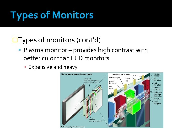Types of Monitors �Types of monitors (cont’d) Plasma monitor – provides high contrast with