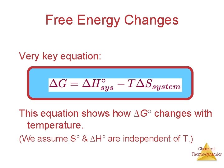 Free Energy Changes Very key equation: This equation shows how G changes with temperature.