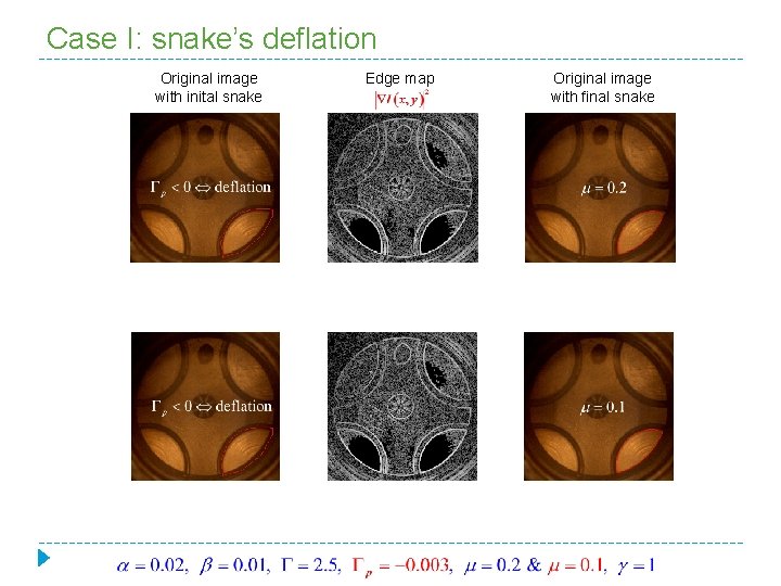 Case I: snake’s deflation Original image with inital snake Edge map Original image with