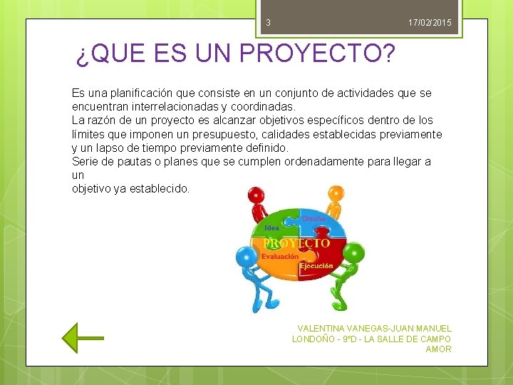 3 17/02/2015 ¿QUE ES UN PROYECTO? Es una planificación que consiste en un conjunto