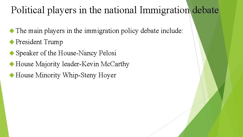 Political players in the national Immigration debate The main players in the immigration policy
