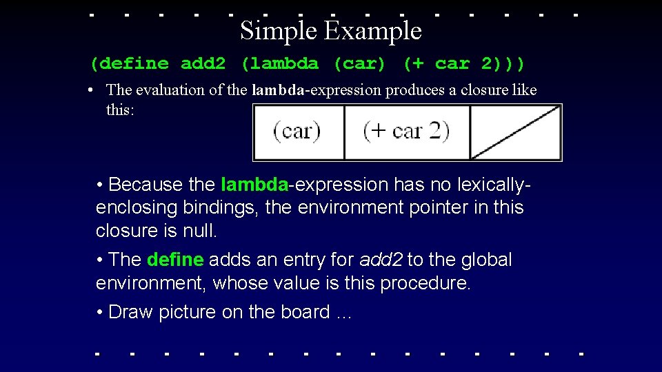 Simple Example (define add 2 (lambda (car) (+ car 2))) • The evaluation of Simple Example (define add 2 (lambda (car) (+ car 2))) • The evaluation of