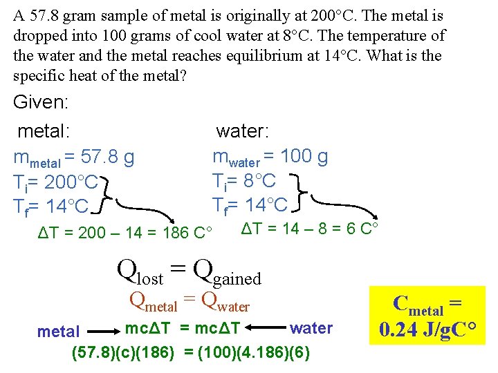 A 57. 8 gram sample of metal is originally at 200°C. The metal is