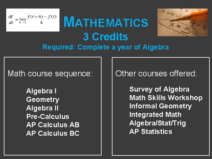 MATHEMATICS 3 Credits Required: Complete a year of Algebra Math course sequence: Algebra I MATHEMATICS 3 Credits Required: Complete a year of Algebra Math course sequence: Algebra I