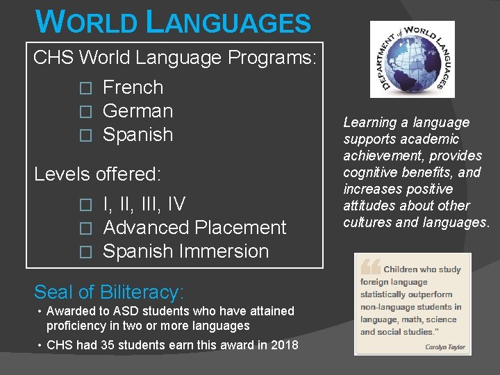 WORLD LANGUAGES CHS World Language Programs: � � � French German Spanish Levels offered: WORLD LANGUAGES CHS World Language Programs: � � � French German Spanish Levels offered: