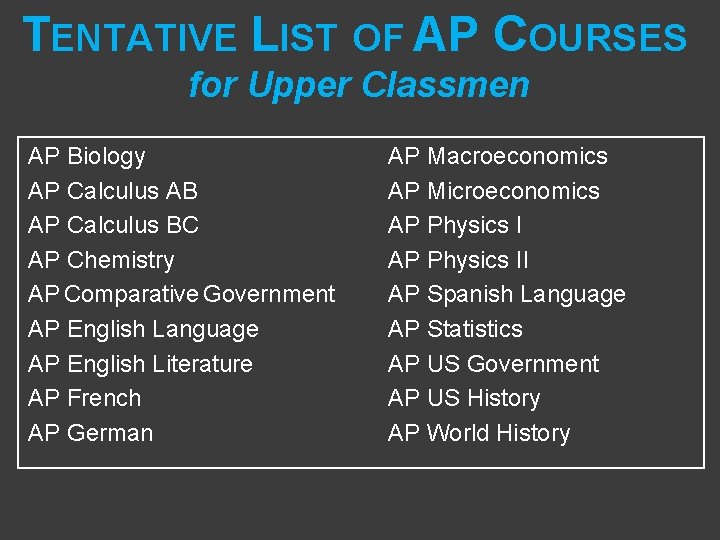 TENTATIVE LIST OF AP COURSES for Upper Classmen AP Biology AP Calculus AB AP TENTATIVE LIST OF AP COURSES for Upper Classmen AP Biology AP Calculus AB AP