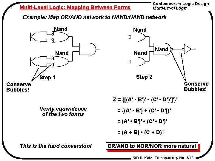Contemporary Logic Design Multi-Level Logic: Mapping Between Forms Example: Map OR/AND network to NAND/NAND