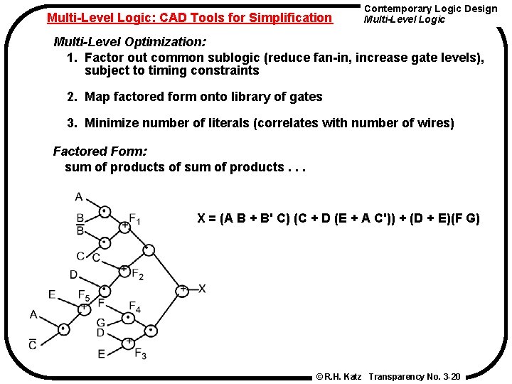 Multi-Level Logic: CAD Tools for Simplification Contemporary Logic Design Multi-Level Logic Multi-Level Optimization: 1.