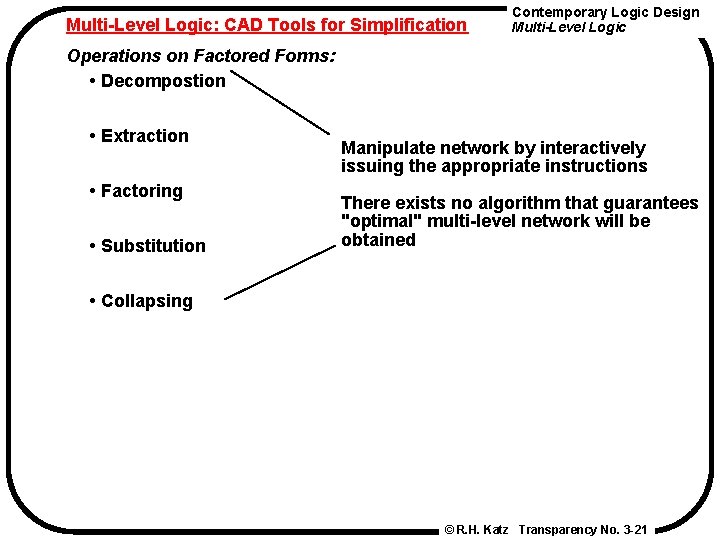 Multi-Level Logic: CAD Tools for Simplification Contemporary Logic Design Multi-Level Logic Operations on Factored