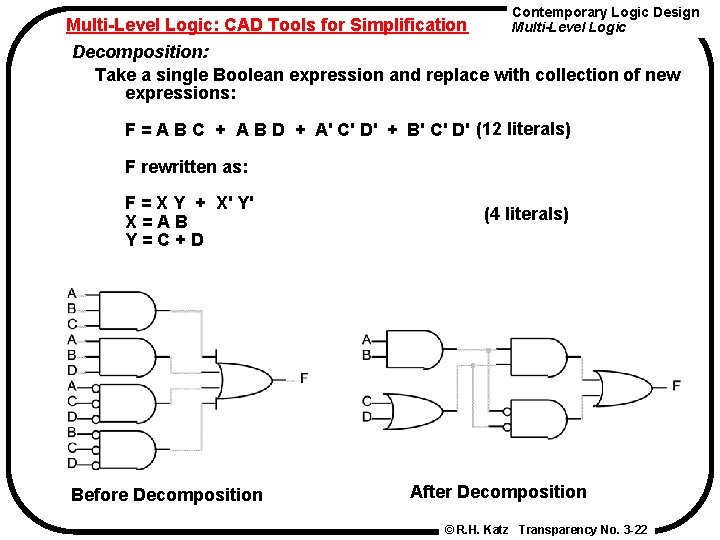 Contemporary Logic Design Multi-Level Logic: CAD Tools for Simplification Multi-Level Logic Decomposition: Take a