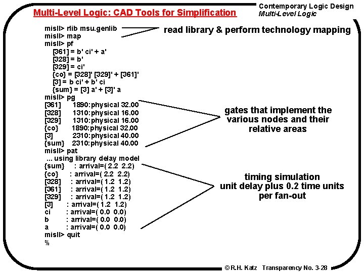 Multi-Level Logic: CAD Tools for Simplification mis. II> rlib msu. genlib mis. II> map