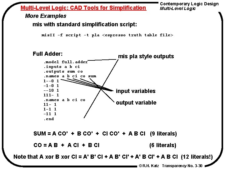 Contemporary Logic Design Multi-Level Logic: CAD Tools for Simplification More Examples mis with standard