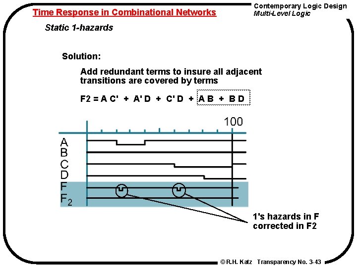 Contemporary Logic Design Multi-Level Logic Time Response in Combinational Networks Static 1 -hazards Solution: