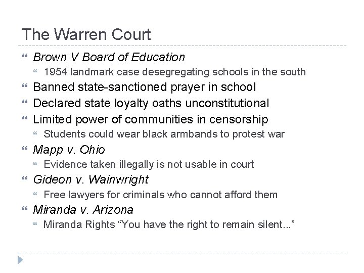 The Warren Court Brown V Board of Education Banned state-sanctioned prayer in school Declared