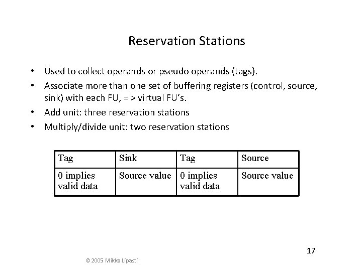 Reservation Stations • Used to collect operands or pseudo operands (tags). • Associate more