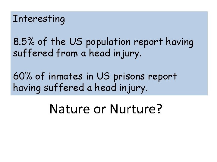 Interesting 8. 5% of the US population report having suffered from a head injury.