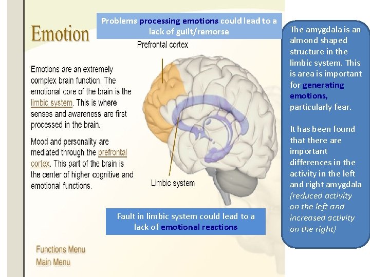 Problems processing emotions could lead to a lack of guilt/remorse Fault in limbic system