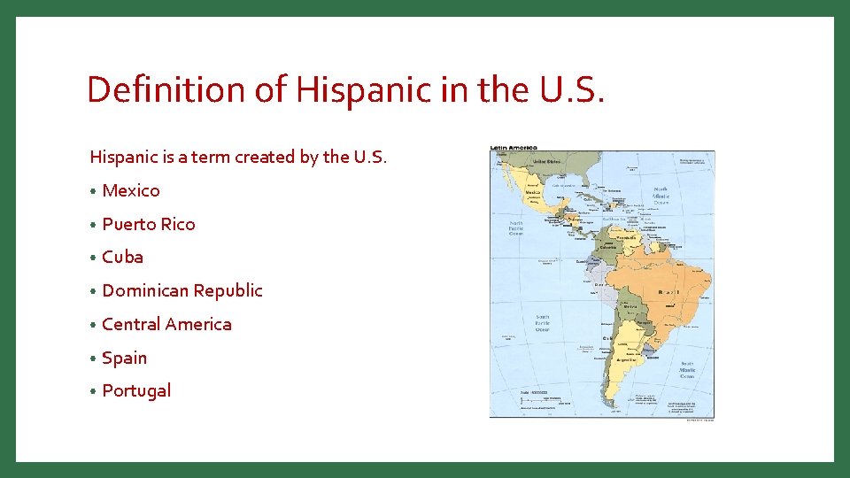 Definition of Hispanic in the U. S. Hispanic is a term created by the
