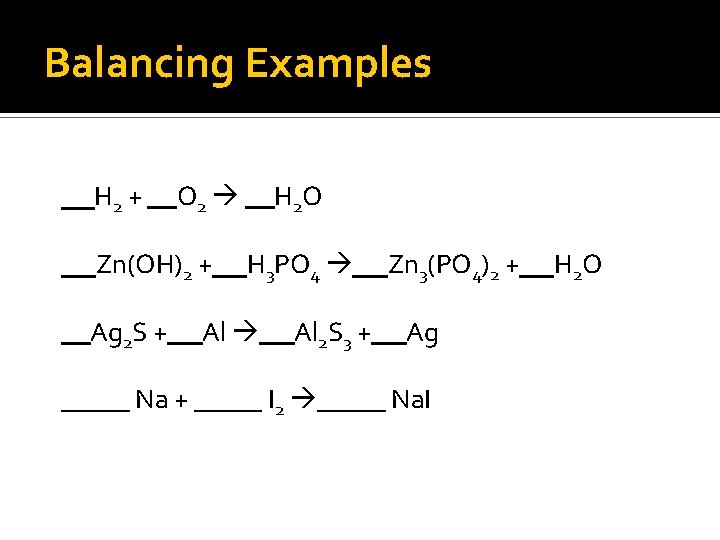Balancing Examples H 2 + O 2 Zn(OH)2 + Ag 2 S + H