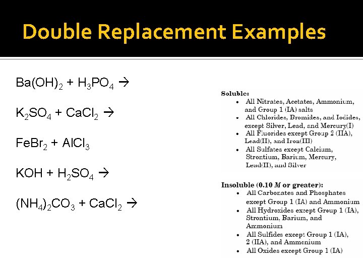 Double Replacement Examples Ba(OH)2 + H 3 PO 4 K 2 SO 4 +