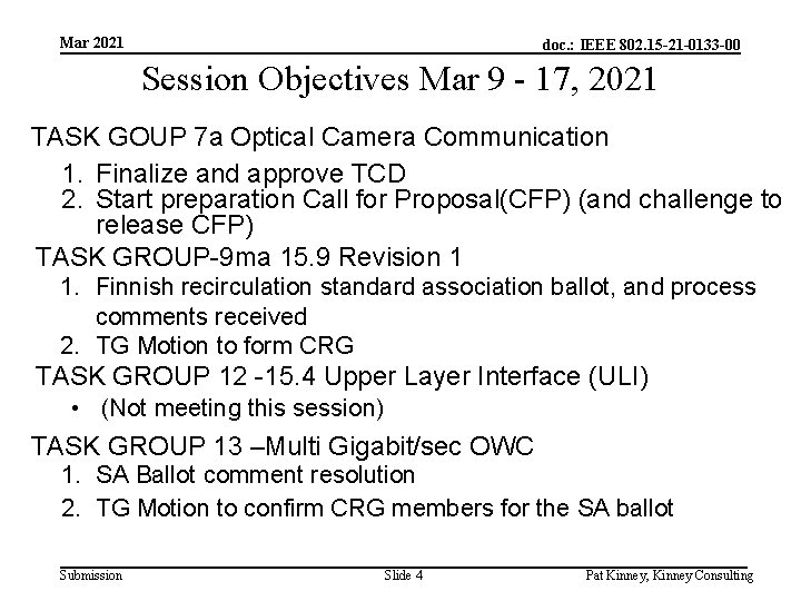 Mar 2021 doc. : IEEE 802. 15 -21 -0133 -00 Session Objectives Mar 9