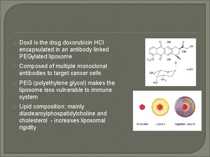 � Doxil is the drug doxorubicin HCl encapsulated in an antibody linked PEGylated liposome � Doxil is the drug doxorubicin HCl encapsulated in an antibody linked PEGylated liposome