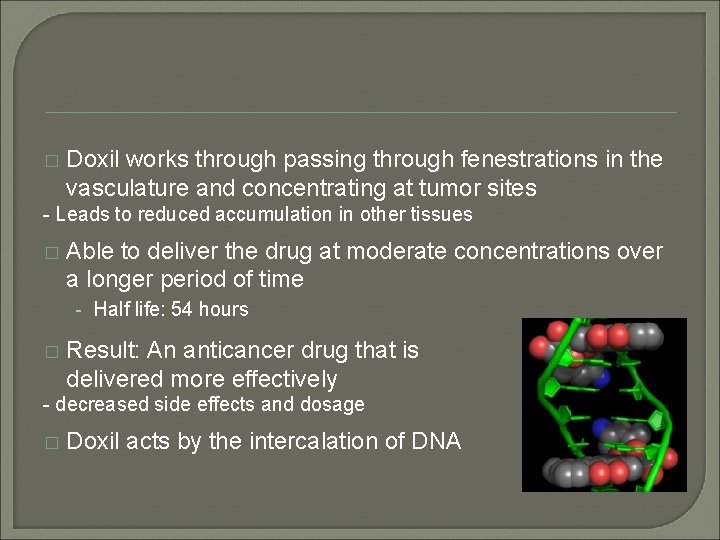 � Doxil works through passing through fenestrations in the vasculature and concentrating at tumor � Doxil works through passing through fenestrations in the vasculature and concentrating at tumor