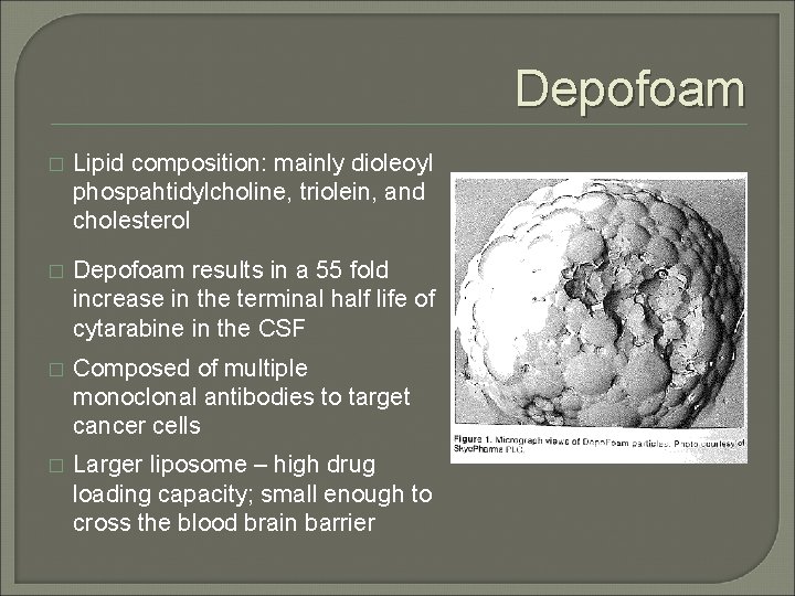 Depofoam � Lipid composition: mainly dioleoyl phospahtidylcholine, triolein, and cholesterol � Depofoam results in Depofoam � Lipid composition: mainly dioleoyl phospahtidylcholine, triolein, and cholesterol � Depofoam results in