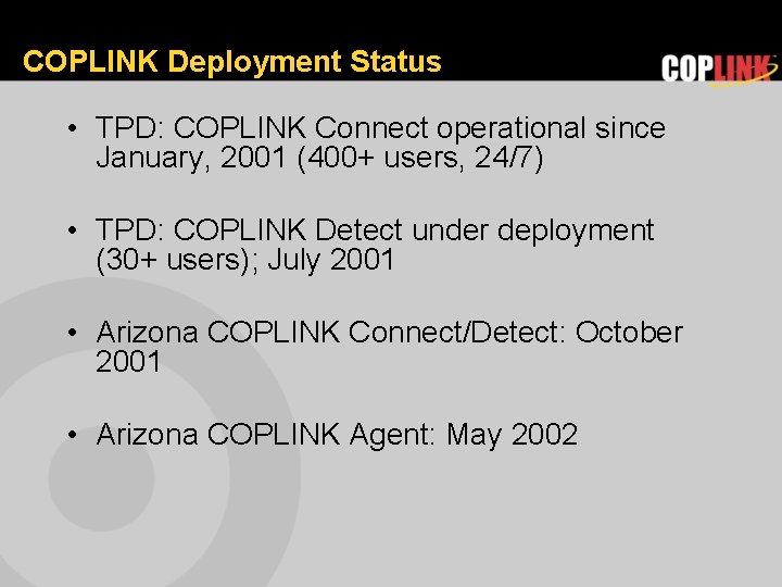 COPLINK Deployment Status • TPD: COPLINK Connect operational since January, 2001 (400+ users, 24/7)