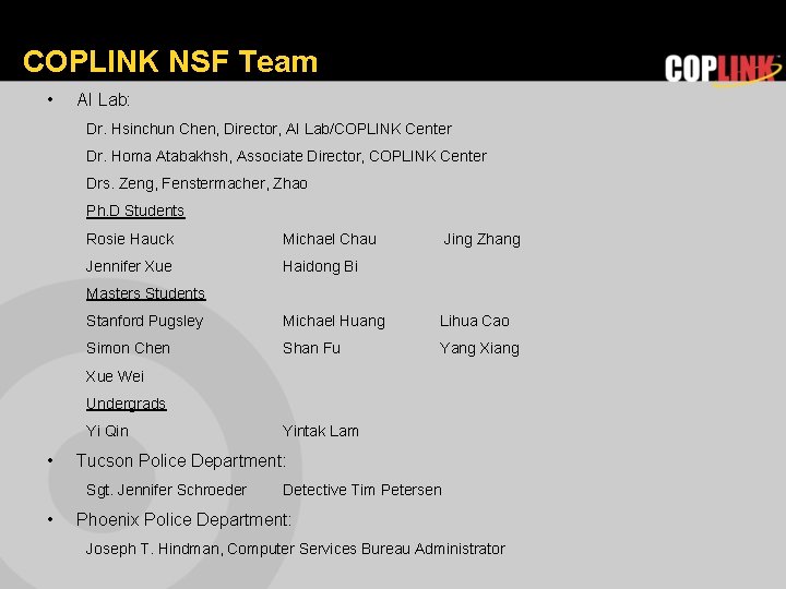COPLINK NSF Team • AI Lab: Dr. Hsinchun Chen, Director, AI Lab/COPLINK Center Dr.