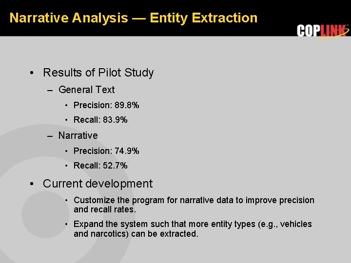 Narrative Analysis — Entity Extraction • Results of Pilot Study – General Text •