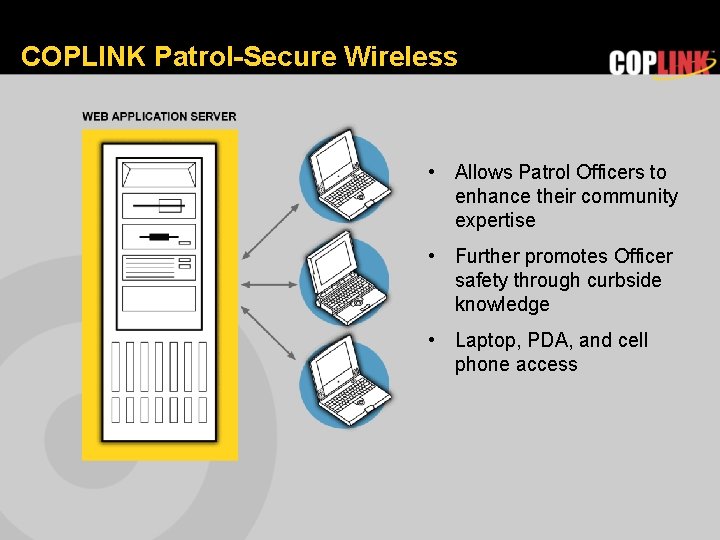 COPLINK Patrol-Secure Wireless • Allows Patrol Officers to enhance their community expertise • Further