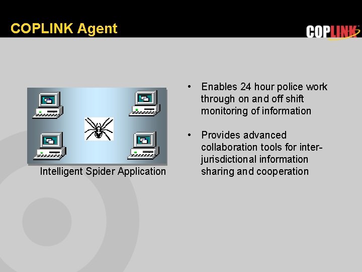 COPLINK Agent • Enables 24 hour police work through on and off shift monitoring