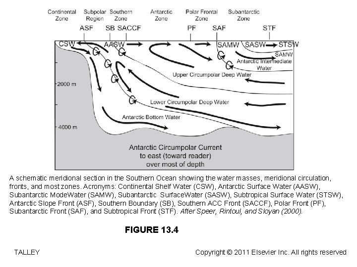 A schematic meridional section in the Southern Ocean showing the water masses, meridional circulation,