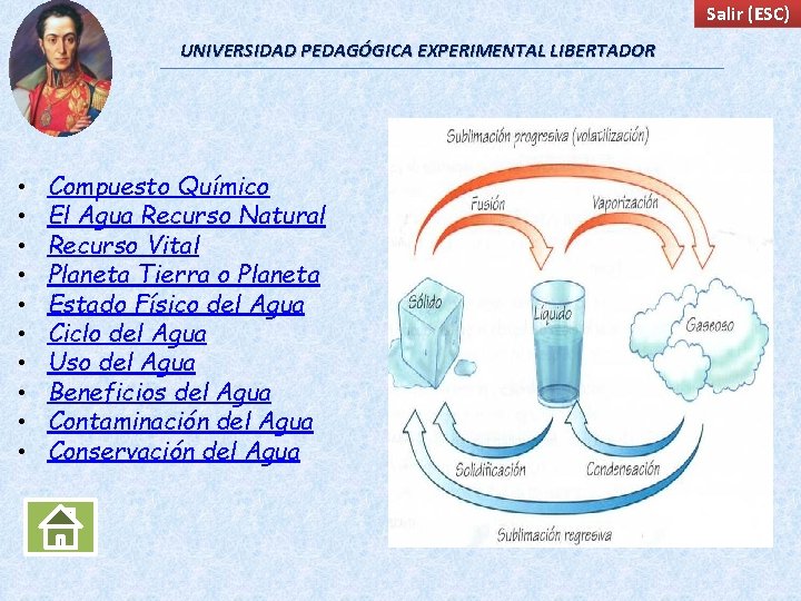 Salir (ESC) UNIVERSIDAD PEDAGÓGICA EXPERIMENTAL LIBERTADOR • • • Compuesto Químico El Agua Recurso