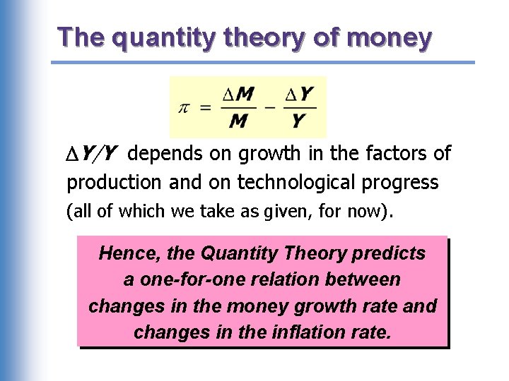 The quantity theory of money Y/Y depends on growth in the factors of production