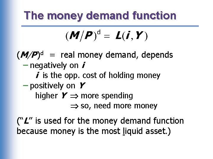 The money demand function (M/P )d = real money demand, depends – negatively on