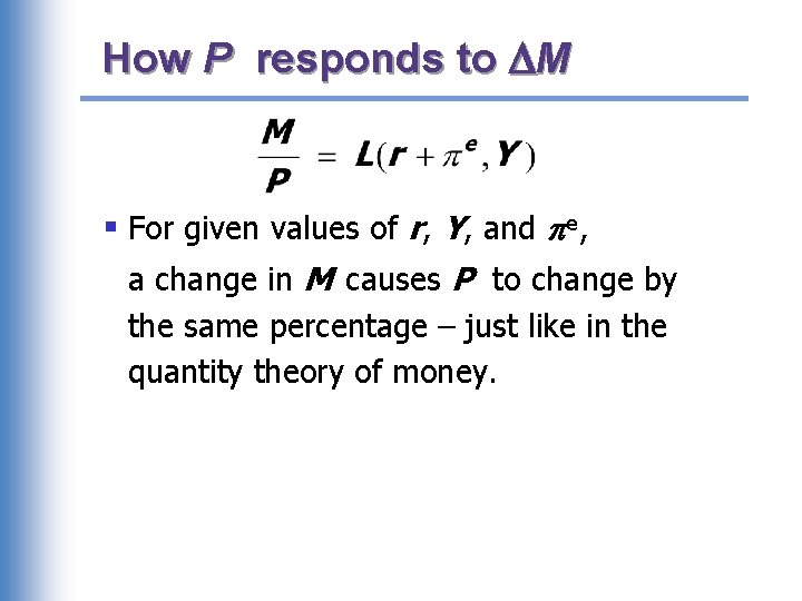 How P responds to M § For given values of r, Y, and e,