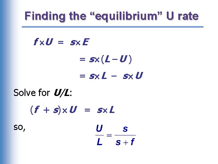 Finding the “equilibrium” U rate f U = s E = s (L –