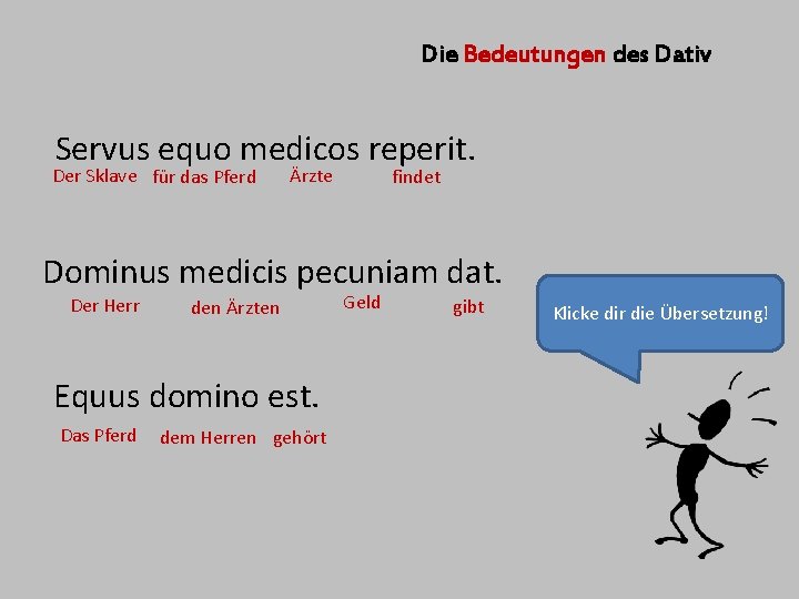 Die Bedeutungen des Dativ Servus equo medicos reperit. Der Sklave für das Pferd Ärzte