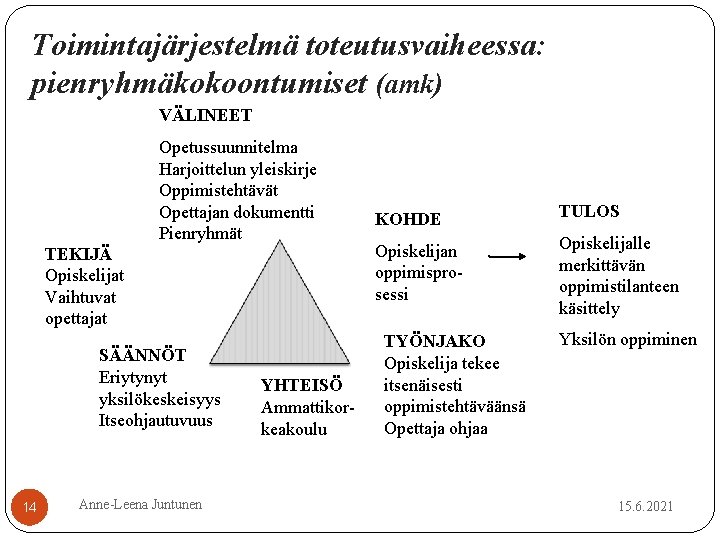 Toimintajärjestelmä toteutusvaiheessa: pienryhmäkokoontumiset (amk) VÄLINEET Opetussuunnitelma Harjoittelun yleiskirje Oppimistehtävät Opettajan dokumentti Pienryhmät TEKIJÄ Opiskelijat