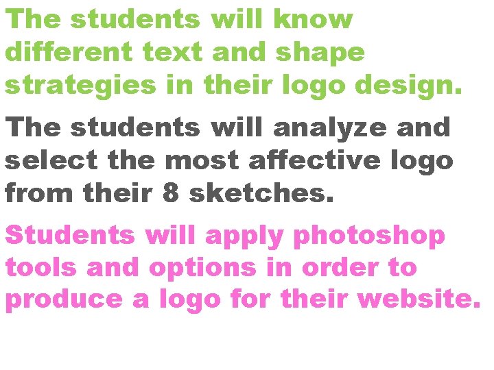 The students will know different text and shape strategies in their logo design. The