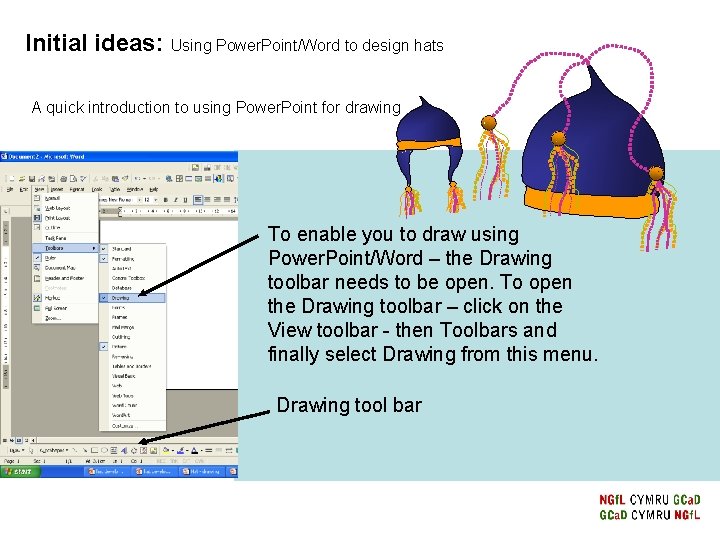 Initial ideas: Using Power. Point/Word to design hats A quick introduction to using Power.