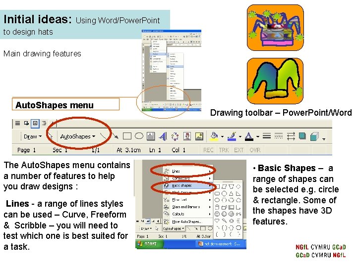 Initial ideas: Using Word/Power. Point to design hats Main drawing features Auto. Shapes menu